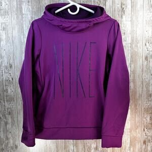 Nike Dri Fit Fleece Hoodie Girls XL Purple Black Spellout Funnel Neck Sweatshirt